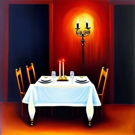 Prompt: A painting of a table set for a candlelit dinner at night