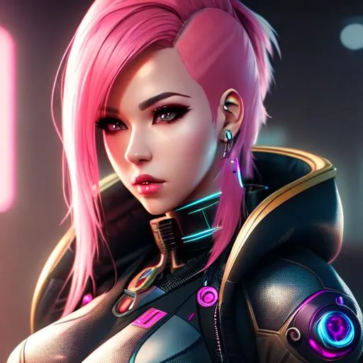 Prompt: Cyberpunk female cyborg, many prosetitics, beautful design,  high quality,  atmospheric lighting,  dynamic posing, gritty environment, shaved pink hair,8k eyes,  high resolution image,  UHQ, concept art,  kpop, shaved hair