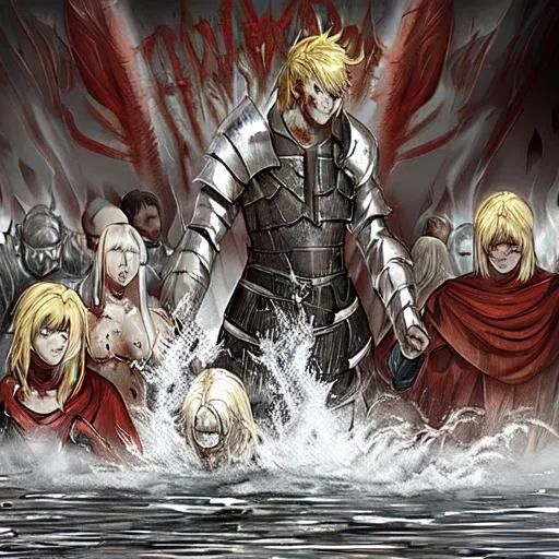 Prompt: The Dragoon Emerging from the lake next. Ragnar, wet from water, stepping on it. Telkrest’s pride and joy. Confident as ever. A taker in his giving nature. Having blonde hair and a strong build fit for a king, he arrives. In his skin, he is armored, fluctuating a red, black and white color. With one eye, a piercing red and the other, a glazed white. “This’ll be fun.”

Ragnar’s fluctuating skin armor, hardens as it prepares for battle. Calcifying in key areas of protection, the calcified areas holding onto the color white for now. His right claw-like formed arm surges a bit, then the other becomes malleable and transformable. It can form int a double bladed axe, the hilt being the arm, and in th center between the two blades a hole where Calcified Bullets can shoot out. When a sword is needed, the axe folds unto itself to make a sword, as it does this it sends out a sharp pulse forward from the sword’s edged point. It glows with red energy where the blades merged afterwards.