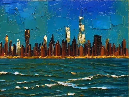 Prompt: Thick oil impasto York Skyline from 42nd Street Pier, thick oil impasto