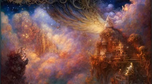 Prompt: A scene of Celestial Workers building heaven through the clouds Art by Jean Baptiste monge, Daniel merriam, Monet, Arthur Rackham, Megan duncanson, Catherine Abel. Mixed senses art, 3d, award winning dream, super clear resolution, higher definition, extremely detailed, intricate details, beautiful, fantastic view, iridescent aquarelle and ink 