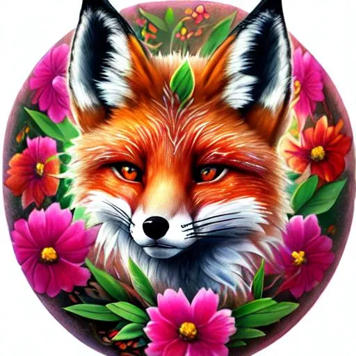 Prompt: A tattoo design of a realistic fox surounded by flowers