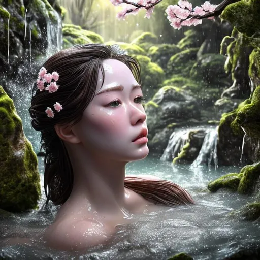 Prompt: (masterpiece) (very sharp) (4K UHD) (best quality) (hyper realistic). woman taking bath into japanese hot springs, extremely detailed face, extremely detailed eyes, absolutely real, extremely detailed hair, straight long hair, 3D illustration, extremely detailed lips, extraordinary beauty, cherry blossom background, waterfall background, forest.