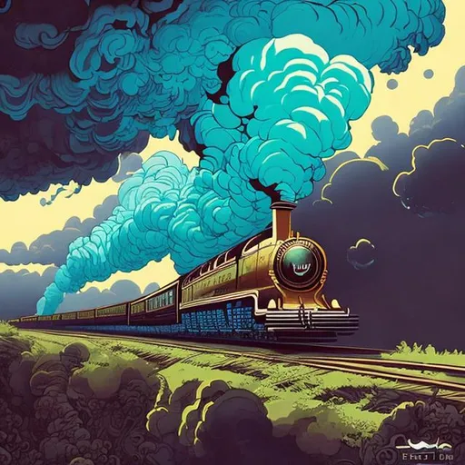 Prompt: um trem do século xviii a vapor no fundo, indo em direção ao horizonte, dois cavaleiros do velho oeste correndo para o trem e um touro voando em um balão, estilo ilustração, colorido