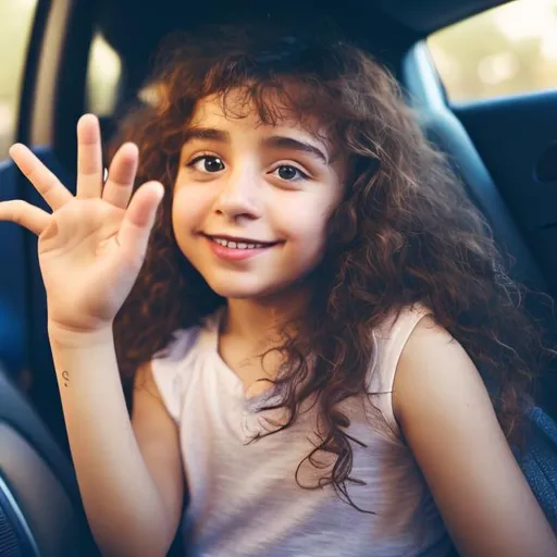 Prompt: Girl with brown eyes brown curly hair inside a car in the backseat looking straight forward and making shush hand sign and night time background 