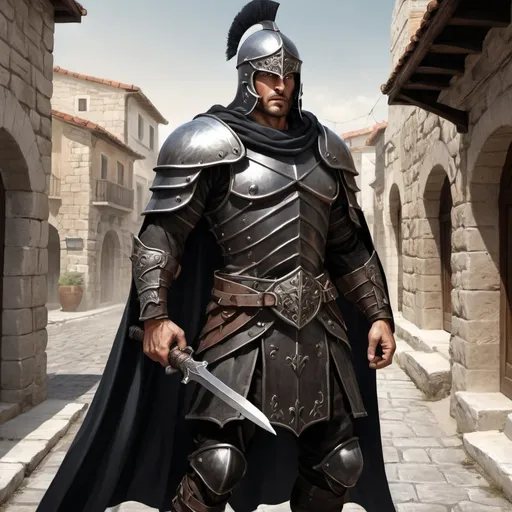 Prompt: Full body, Fantasy illustration of a male mercenary, 34 years old, muscles, oliv skin, cuirass and black cape, morion helmet, aggressive expression, high quality, rpg-fantasy, detailed, greek town background