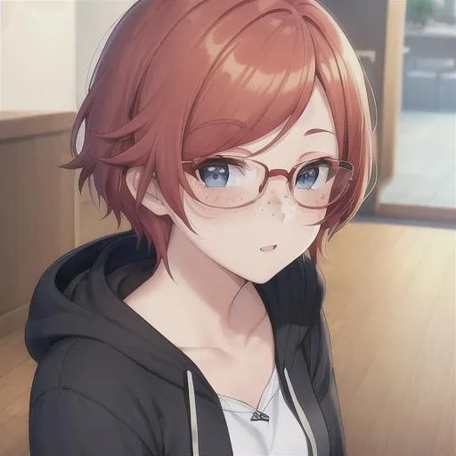 Prompt: A woman, freckles, redhead, short hair, big round glasses, dark hoodie with shirt under, blue eyes, happy, blushing, cosy, moody, flat chest, cute looking,