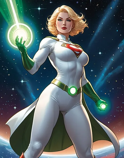 Prompt: Power Girl, illustrated in the style of (Frank Cho), showcasing her powerful stance, wearing a sleek green and white costume adorned with a lantern emblem, radiant energy in her hand, dramatic poses, against a background of outer space with sparkling stars and cosmic colors. The atmosphere is dynamic and heroic, rendered in 4K ultra-detailed quality, emphasizing strength and boldness.