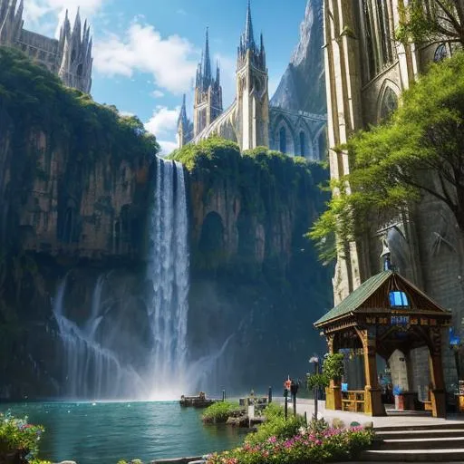 Prompt: a fantasy rpg  cathedral place in a city with a market on the side, cinematic scenery,  (waterfalls in the background, trending by artstation)+++, photorealistic 64k resolution, HDR, epic, expansive, brilliant, stunning, hyperdetailedphotorealistic , ultra detailed, hyperrealistic, surreal, matte painting, unreal engine 5, UHD, first player sight

