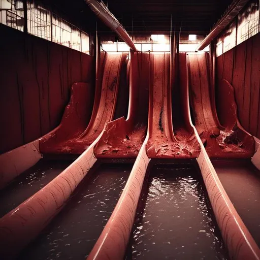 Prompt: Indoor water slides empty dirty vomit dilapidated night dim lighting red dirty dry dark drain meat flesh nightmare holes deep empty