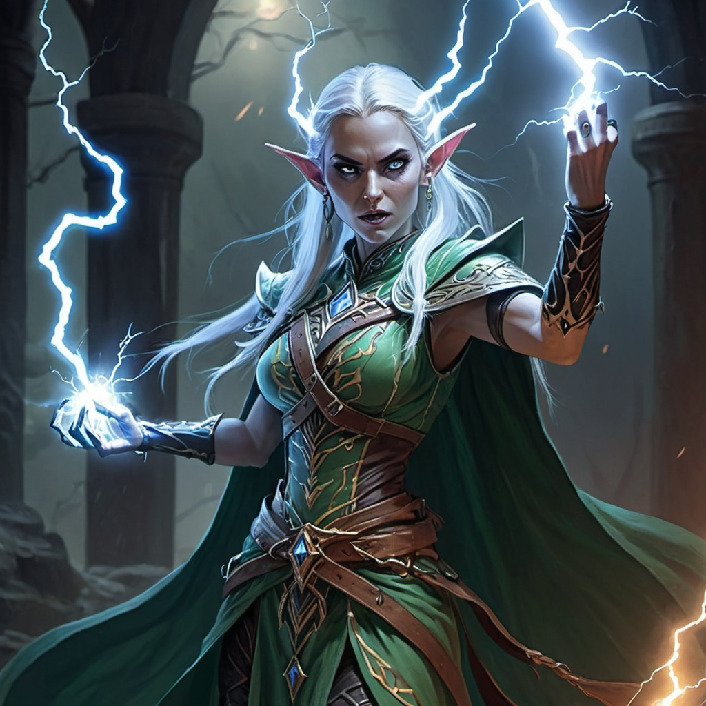 d&d female elven lich wielding lightning