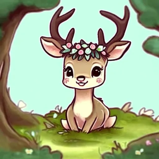 Prompt: cute little cartoon baby deer drawing, flower crown, mossy forest