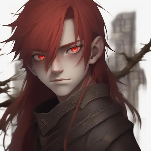 Prompt: young looking boy, realistic, long dyed red hair, red eyes, dark room, warm colors, cracked face, medieval, high definition, professional