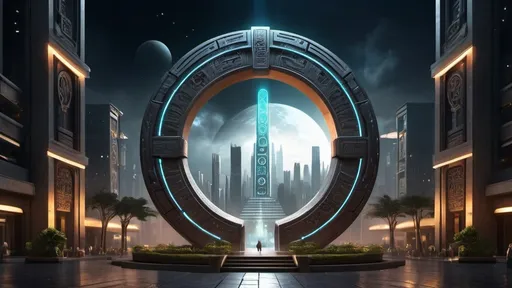 Prompt: magical portal between cities realms worlds kingdoms, circular portal, ring standing on edge, upright ring, freestanding ring, hieroglyphs on ring, complete ring, ancient aztec architecture, gardens, hotels, office buildings, shopping malls, large wide-open city plaza, panoramic view, dark night, futuristic cyberpunk tech-noir setting