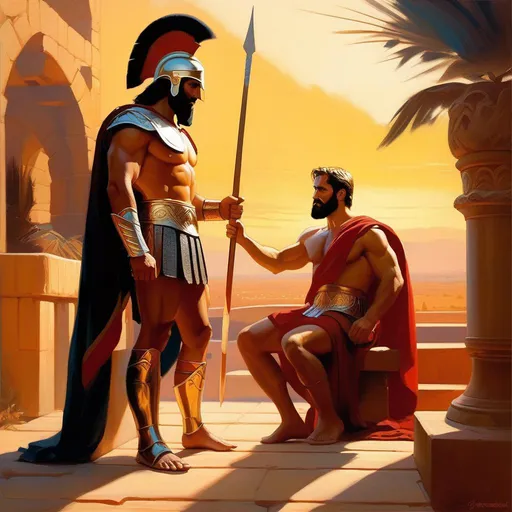 Prompt: King Leonidas meets Gigachad, warm atmosphere, cartoony style, extremely detailed painting by Greg Rutkowski and by Henry Justice Ford and by Steve Henderson 