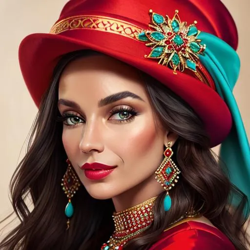 Prompt: Beautiful ethereal woman. color scheme of tuquoise and red., wearing turquoise and gold jewlery, wearing a red hat, facial closeup