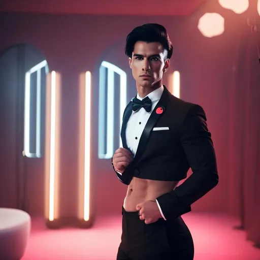 Prompt: a photo of an attractive extremely long hair young confident man with a six pack abs wearing a crop top black long sleeve tuxedo with a bowtie, black tuxedo pants and a bare midriff,  exposed belly button, with hands on the side, in the morning in the living room, cinematic, 4k, arri camera, blurry background, trending on artstation