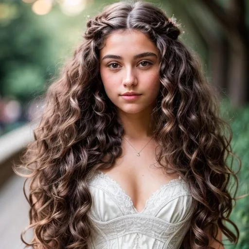 Prompt: An attractive 18 year old girl with very curly  long hair, elegant, Victorian era, 19th century, facial closeup