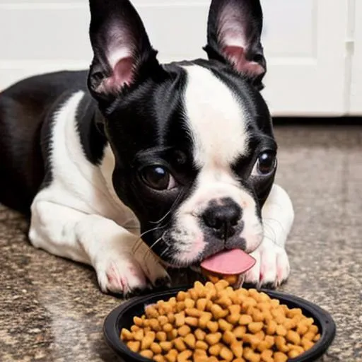 Prompt: boston terrier eating dog food