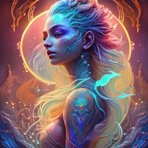 Prompt: Heavenly fantasy celestial female, bioluminescent prismatic opaline, colorful tribal tattoos, Illustration, Beautiful, Detailed, Intricate, Painting, Vibrant, intricate Design, Landscape, Cinematic, Photoreal, 4k, 8k, other Worldly, trending on Artstation, deviantart, styled like Wlop on artstation, Magical, golden hour, Closeup face portrait of Bella Hadid, smooth soft skin, big eyes, beautiful intricate colored hair, symmetrical, anime wide eyes, concept art, digital painting, looking into camera, hypermaximalist