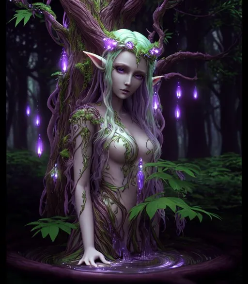 Prompt: 3D HD dramatic cinematic lighting [({one}{(Beautiful melancholy {goddess}elf liquid tree}Nymph, expansive magical forest background, hyper realistic, 8K --s98500