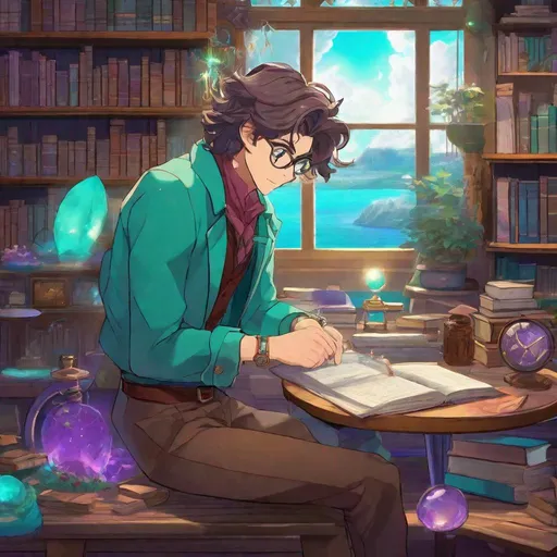 Prompt: Third person, adult male, gameplay, alone, high quality, magical boy with long wavy hair, bright purple eyes, turquoise coat, purple shirt, brown pants, turquoise and brown magical boy outfit with diamond motif, magical boy with glasses and gold timepiece, cool atmosphere, magical scientist island, magical laboratory with high bookshelves and a giant window, Studio Ghibli, Sailor Moon, extremely detailed print by Hayao Miyazaki, magical scientist