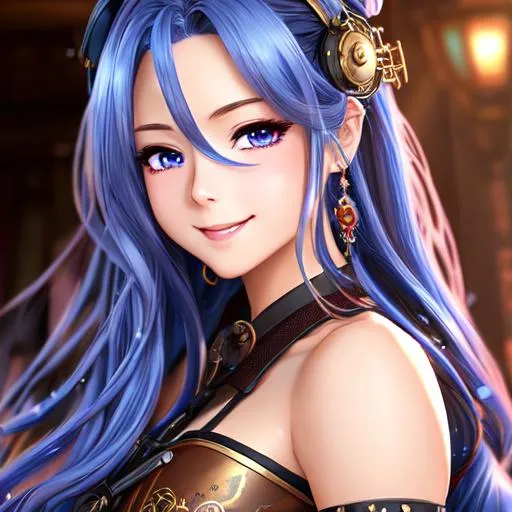 Prompt: extremely realistic, hyperdetailed, extremely long blue wavy hair anime girl, deep red blush, smiling happily, wears steampunk clothing, toned body, showing abs midriff, highly detailed face, highly detailed eyes, full body, whole body visible, full character visible, soft lighting, high definition, ultra realistic, 2D drawing, 8K, digital art