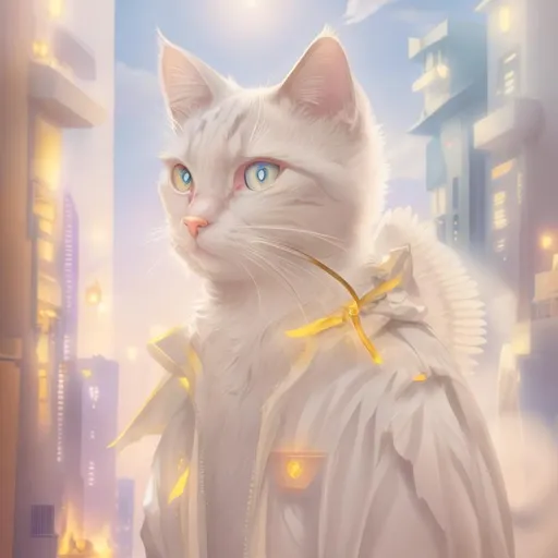 Prompt: Angelic human cat in heavenly city