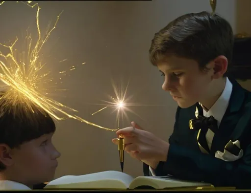 Prompt: 13 year old boy in a tuxedo casts a gold sparkle magic spell with his magic wand on a 5 year old girl