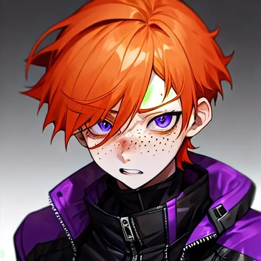 Prompt: Erikku male (short ginger hair, freckles, right eye blue left eye purple) UHD, 8K, Highly detailed, insane detail, best quality, high quality, in a biker outfit