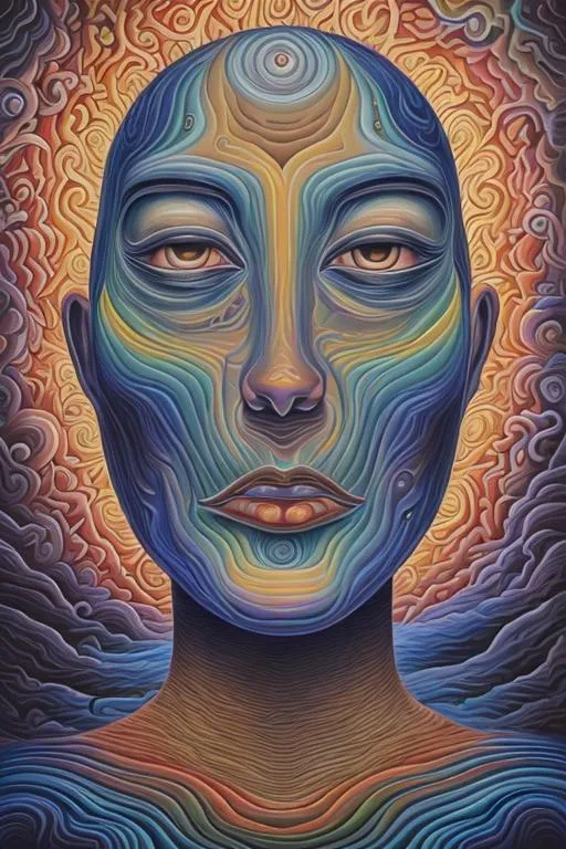 Prompt: Surreal portrait of beautiful female, cosmic landscape background, acrylic on canvas in style of alex grey