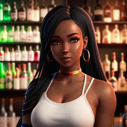 Prompt: beautiful anime  black girl with modified hands, posing front of bar with many colored bottles, close up shot, soft lighting, realistic, 4K, unreal engine 5