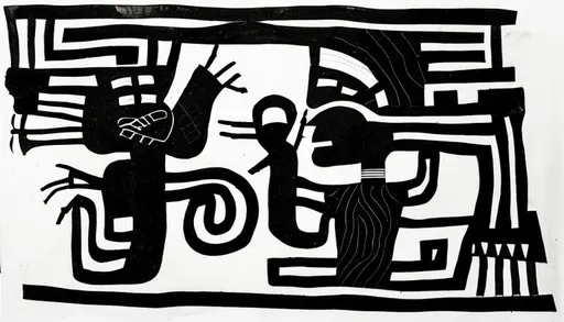 Prompt:  drawing  snake and medicine man using figures from the lines of nazca in black and white
