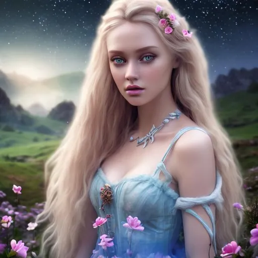 Prompt: HD 4k 3D professional modeling photo hyper realistic beautiful enchanting woman medieval welsh princess blonde hair fair skin blue eyes gorgeous face pink and white dress dark welsh country with flowers and fairies magical night landscape hd background ethereal mystical mysterious beauty full body