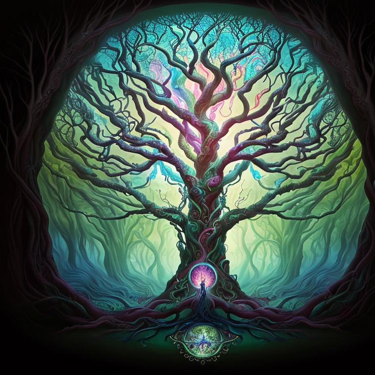 Surrealistic depiction of the Tree of Life vibrant and otherworldly swirling branches and roots d
