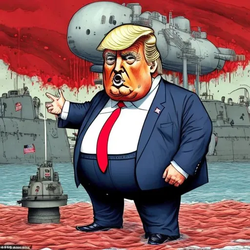 Prompt: Obese Trump  inside a blood dripping  nuclear submarine with nuclear warheads in drydock, stars and stripes, dark-blue suit, too long red tie to the floor, u-boat scene, muted colored, Sergio Aragonés MAD Magazine cartoon style