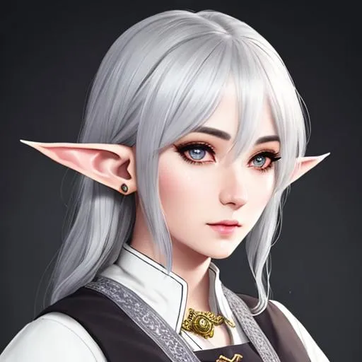 Prompt: half body portrait, male, pointed ears, drow elf, gray ears, ((gray skin:0.6)), detailed face, detailed eyes, full eyelashes, ultra detailed accessories, detailed village, village worker, background, simple apron, short  messy hair, dnd, artwork, fantasy ,inspired by D&D, concept art, ((looking away from viewer)), ((muted colors)), ((faded colors)), art inspired by Agnes Cecile
