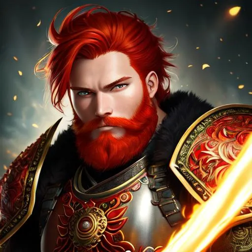 Prompt: oil painting, fantasy, portrait of a young human man with red hair tied back and trimmed fiery red beard and glowing green eyes | Warrior wearing east Asian armor wielding a large polearm with both hands , #3238, UHD, hd , 8k eyes, detailed face, big anime dreamy eyes, 8k eyes, intricate details, insanely detailed, masterpiece, cinematic lighting, 8k, complementary colors, golden ratio, octane render, volumetric lighting, unreal 5, artwork, concept art, cover, top model, light on hair colorful glamourous hyperdetailed medieval city background, intricate hyperdetailed breathtaking colorful glamorous scenic view landscape, ultra-fine details, hyper-focused, deep colors, dramatic lighting, ambient lighting god rays, flowers, garden | by sakimi chan, artgerm, wlop, pixiv, tumblr, instagram, deviantart