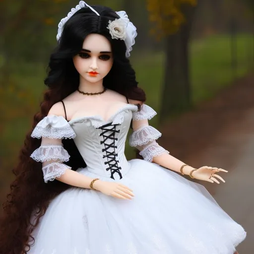 Prompt: A woman turned into a doll, wearing a very detailed, laced, victorian dress, and bonnet.