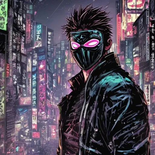 Prompt: New masked Superhero comic introducing superpowers and name. Black and neon. Gritty. Exhausted. Tattered and bruised. Anime. Neo tokyo. Hero costume. Unlike known superheroes. Armoured. 