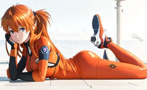 Prompt: Asuka Langley from neon genesis evangelion laying on gray aircraft carrier in the ocean,
((photograph, photographic photo, photogenic, rule of thirds, anime, illustration)), 
Azulejo,full body,character creation finely detailed, realistic, masterpiece, best quality, illustration,sunrays,blue sky HDR 8K, artstation, pixv, unreal engine 5,