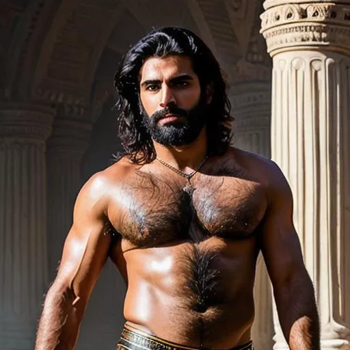 Prompt: scene of hyperreal delhi warrior with black hair and with rugged handsome young face, very hairy chest and armpits, arena, perfect composition, hyperrealistic, super detailed, 8k, high quality, trending art, trending on artstation, sharp focus, studio photo, intricate details, highly detailed, by greg rutkowski