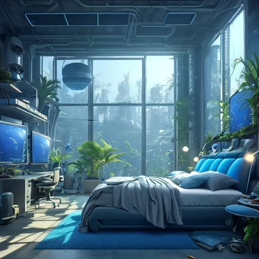 Prompt: futuristic large bedroom, cluttered, solarpunk, tropical island, blue grey, digital wall screen, thick carpeting, projects, beautiful, luxury, interior, solarpunk, realistic details, photorealistic, 8k render, cinematic lighting, ultra detailed