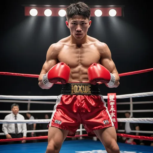 Prompt: "Imagine a Japanese boxer named Hiroto, resembling Naoya Inoue, with a very muscular physique and determined gaze. He is wearing a pair of thick, red big Winning boxing gloves in a boxing ring. His choice of attire includes red satin trunks, adding a touch of elegance to his powerful presence. He is confident and raised up his strong arms to flex his miscles, showcasing his readiness to dominate the ring with his skills and determination."