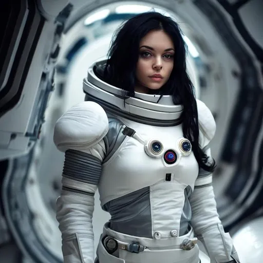 Prompt: Beautiful women with raven hair, dressed in a white comfortable scifi spacesuit, photographic.
