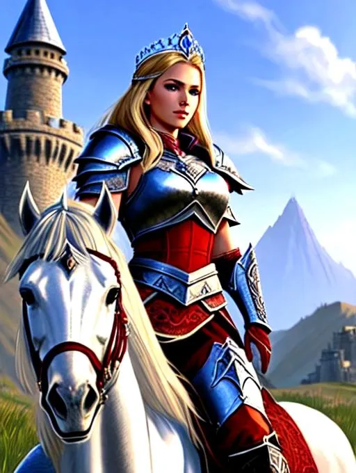 Prompt: Princess, tiara, armor from Skyrim, royal vibe, highly detailed, digital painting, HD quality, beautiful, high definition, perfect, 3d, blonde hair, red shirt, full body, standing near castle, video game, beautiful, morrowind, blue eyes, riding red dragon, wand, wizard, centaur 