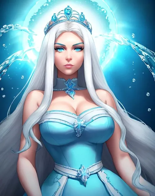 Prompt: A beautiful 14 ft tall 30 year old ((British)) queen with light skin. She has long white hair and white eyebrows. She wears an Ocean blue dress with dark blue around her waist. She has ocean blue eyes with a light blue under glow and water droplet shaped pupils. She wears a blue tiara on her head. She is using water magic in battle. Epic battle scene art. Full body art.