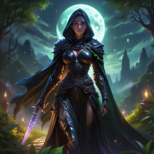 Prompt: (D&D female character thief), poised confidently, (holding a small dagger), wearing tight black leather armor and a flowing dark cloak, (enchanting fantasy landscape) filled with vibrant greenery and mystical elements, glimmering moonlight illuminating her figure, creating a mysterious and adventurous ambiance, high detail, 4K, captivating colors and extraordinary depth.