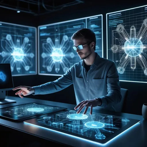 Prompt: A futuristic software developer’s workspace with multiple glowing holographic screens showing complex code and AI models. The developer’s hand reaches toward a floating interactive neural network, with glowing nodes and dynamic pathways lighting up as new connections form. Electric currents of glowing light flow upward from the screens, connecting to a digital, cloud-like structure above, composed of interwoven nodes and data streams. The cloud represents cloud-based AI learning, with streams of data moving fluidly back and forth. The entire scene is illuminated with soft neon blues, purples, and cyan hues, symbolizing continuous learning and the application of AI in software development. The atmosphere is high-tech, with digital particles floating in the air, and a sense of energy and innovation