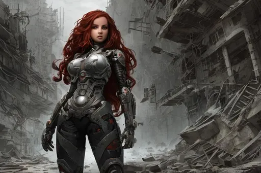 Prompt: female cyborg in ruins underground, post-apocalyptic, steve argyle, red hair, long wavy hair, grey eyes, metal body, curvy,  detailed face, 4k, high fidelity